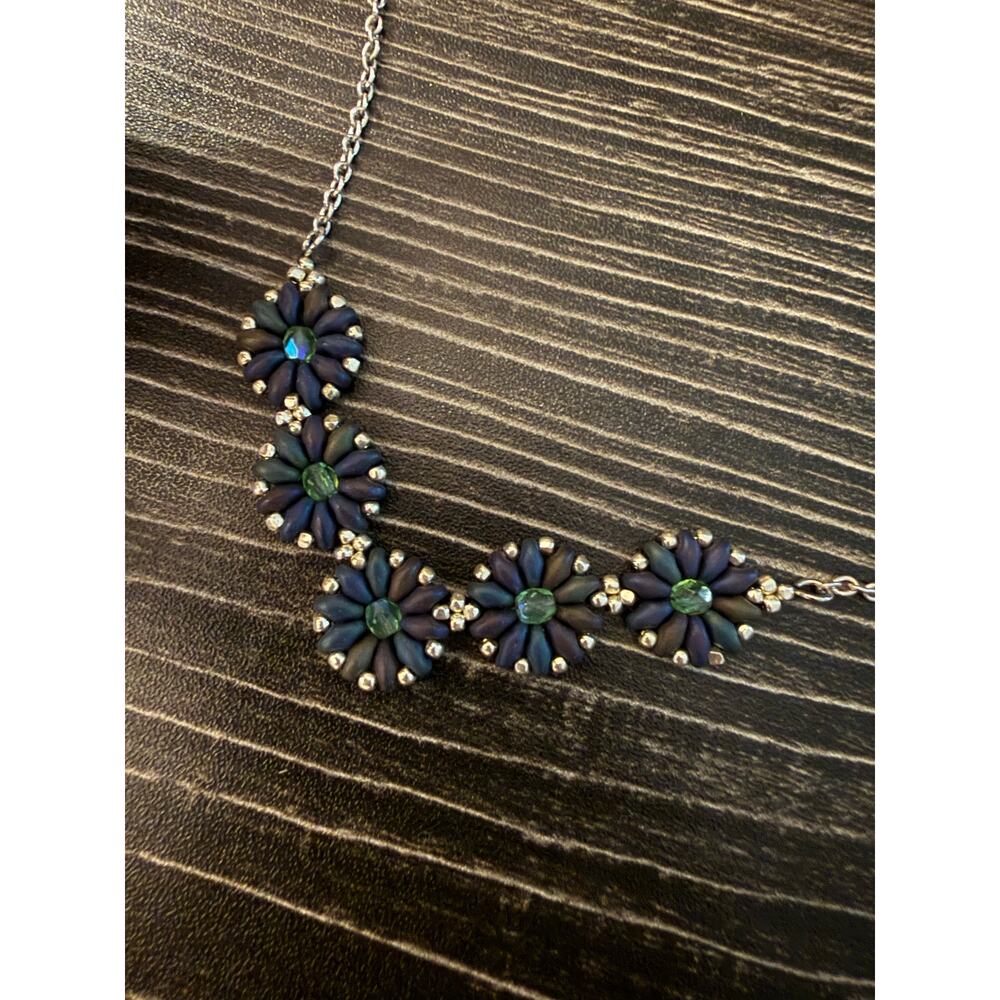 Artisan Made Blue and Purple Beaded Flower Necklace